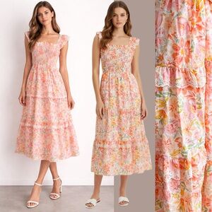 Floral Pink Orange White Midi Dress Smocked Tier Ruffle Cotton Garden Princess 4